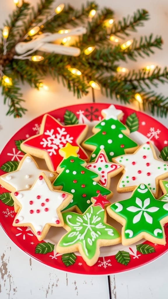 Christmas Sugar Cookies Recipe A plate of decorated Christmas sugar cookies in festive shapes with colorful icing and sprinkles.